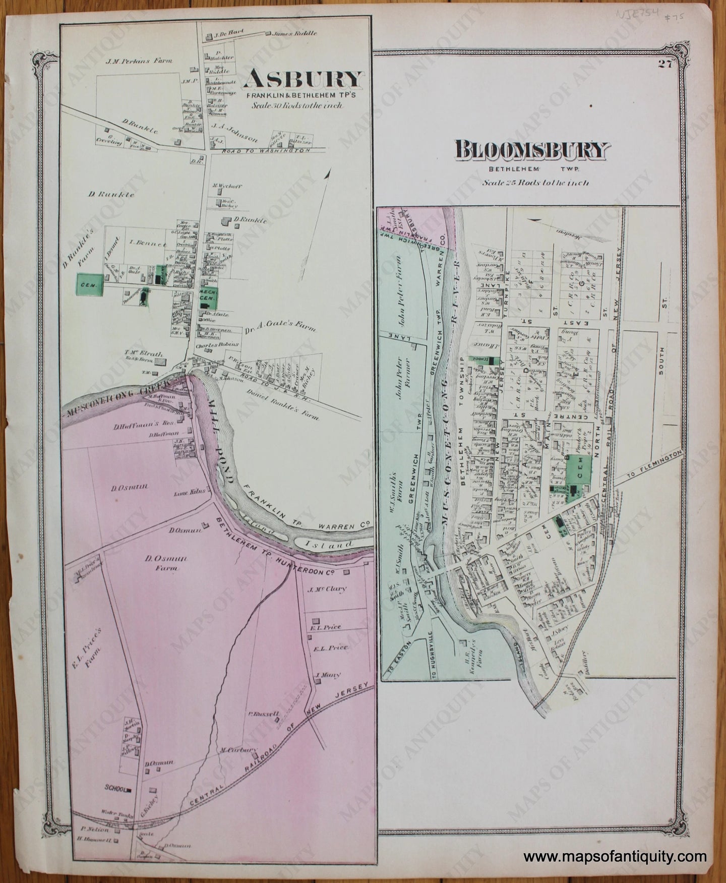 Antique-Hand-Colored-Map-Asbury-Bloomsbury-New-Jersey-1872-F.W.-Beers-New-Jersey-1800s-19th-century-Maps-of-Antiquity