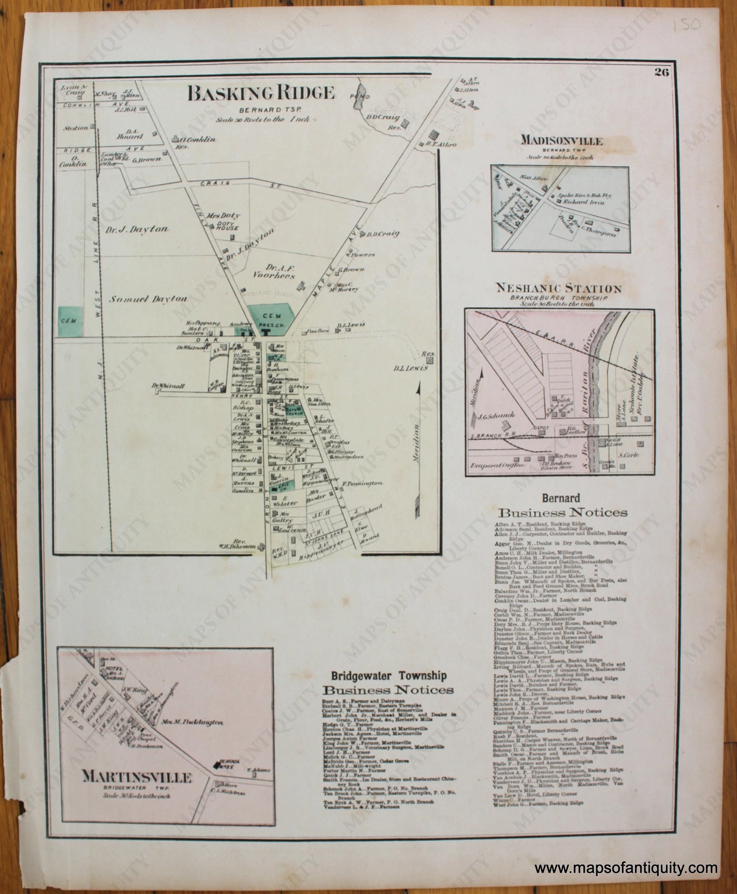 Antique-Hand-Colored-Map-Basking-Ridge-Madisonville-Neshanic-Station-Martinsville-New-Jersey-1872-F.W.-Beers-New-Jersey-1800s-19th-century-Maps-of-Antiquity