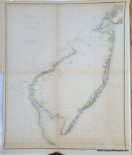 Load image into Gallery viewer, Antique coast survey of New Jersey from Cape May to Cape Henlopen and up the Delaware river with light green color along the coast and light blue in the water along the coast.
