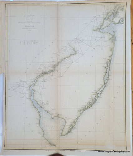 Antique coast survey of New Jersey from Cape May to Cape Henlopen and up the Delaware river with light green color along the coast and light blue in the water along the coast.