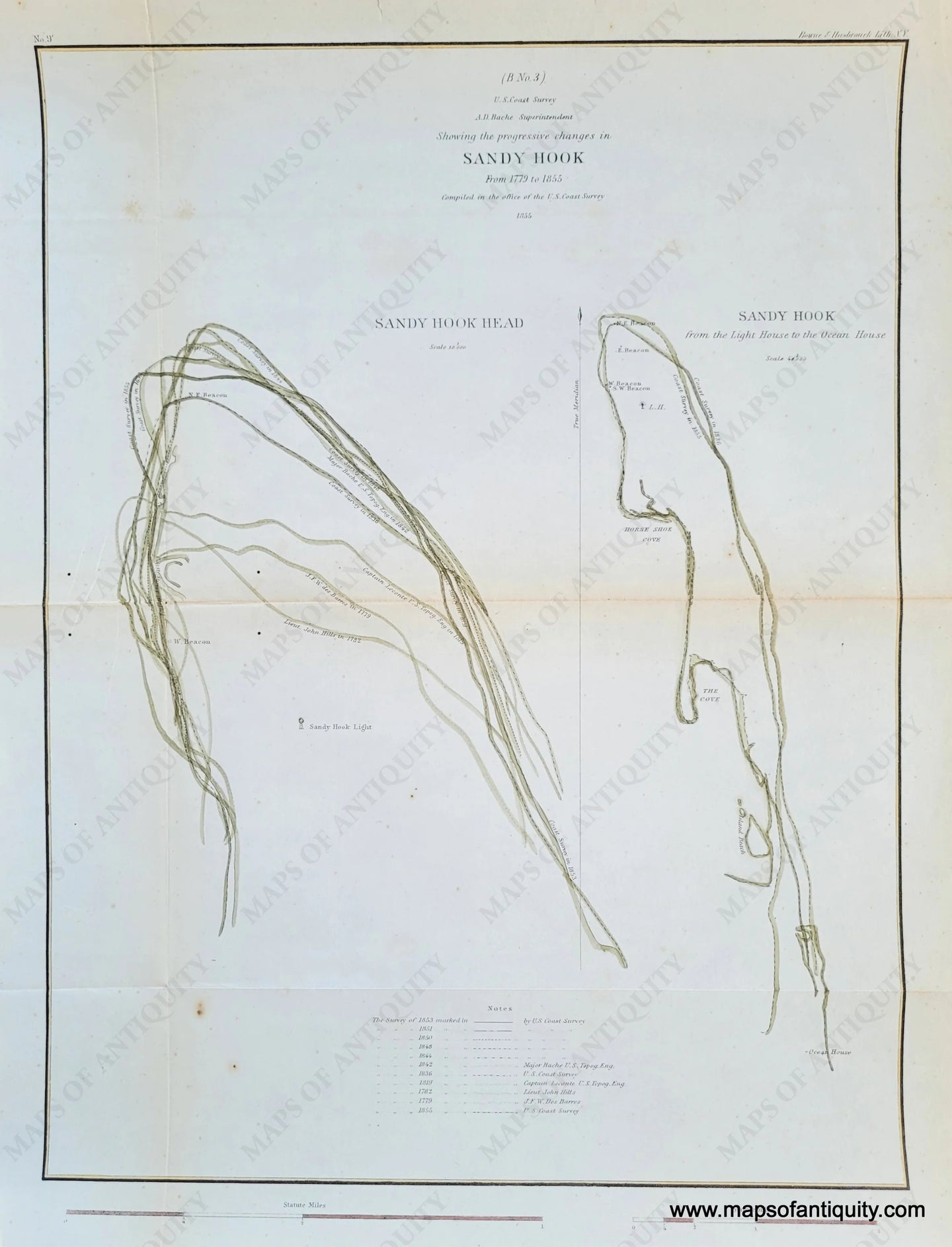 Genuine-Antique-Chart-B-No-3-Showing-the-progressive-changes-in-Sandy-Hook-from-1779-to-1855-New-Jersey-Coastal-Report-Charts--1855-US-Coast-Survey-Maps-Of-Antiquity-1800s-19th-century