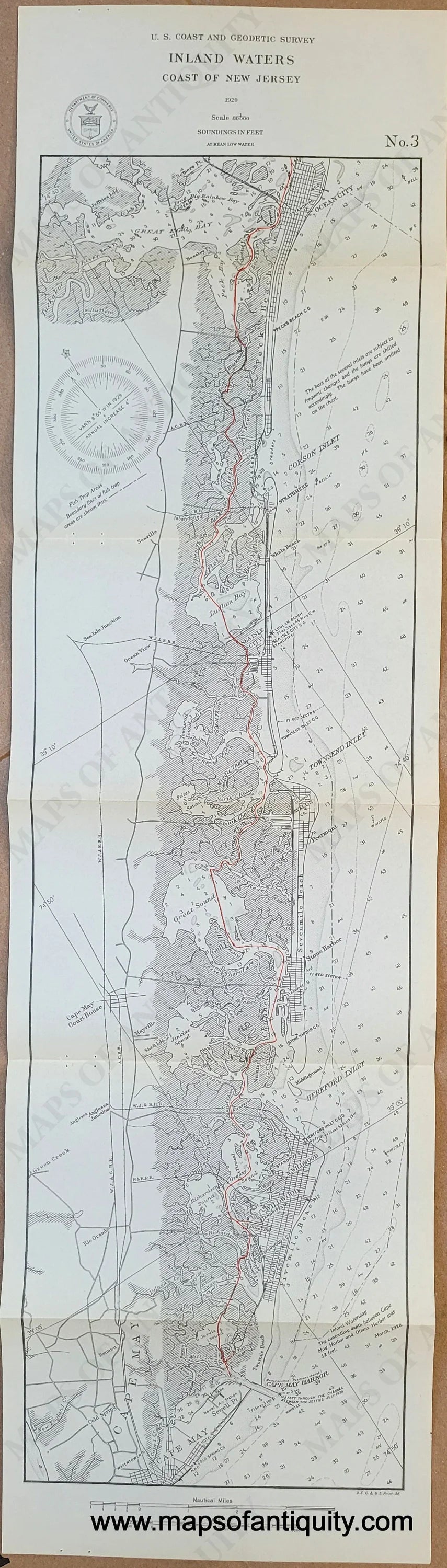 Genuine-Antique-Map-Inland-Waters-Coast-of-New-Jersey-No-3-Cape-May-to-Ocean-City--1929-USCGS-Maps-Of-Antiquity