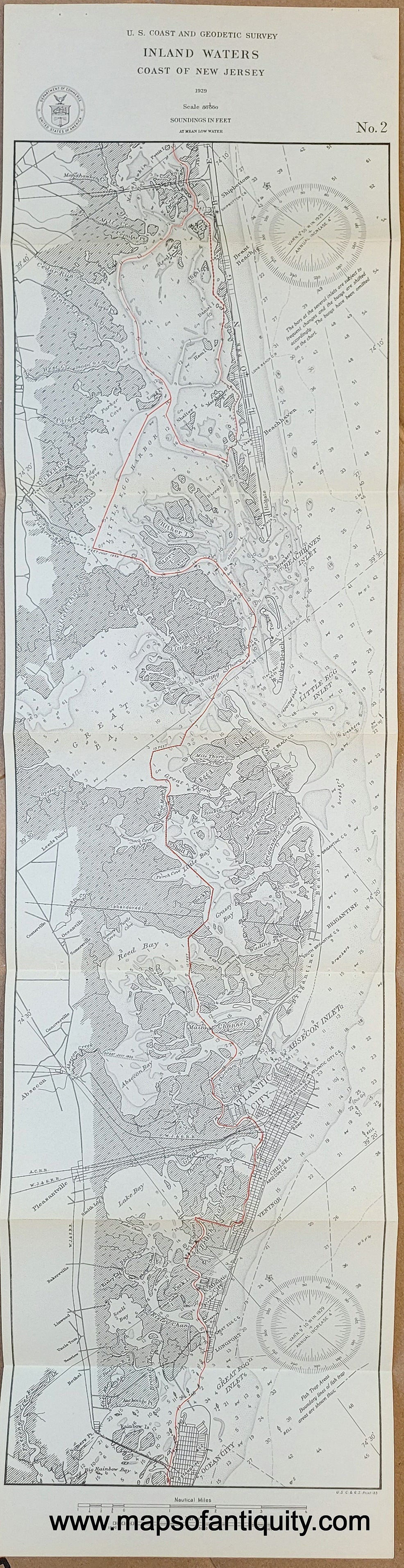 Genuine-Antique-Map-Inland-Waters-Coast-of-New-Jersey-No-2-Ocean-City-to-Shipbottom-and-Manahawkin-Bay--1929-USCGS-Maps-Of-Antiquity