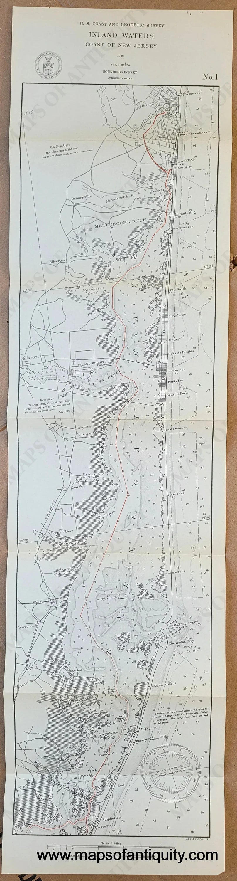 Genuine-Antique-Map-Inland-Waters-Coast-of-New-Jersey-No-1--Shipbottom-and-Manahawkin-Bay-to-Brielle-and-Point-Pleasant--1929-USCGS-Maps-Of-Antiquity