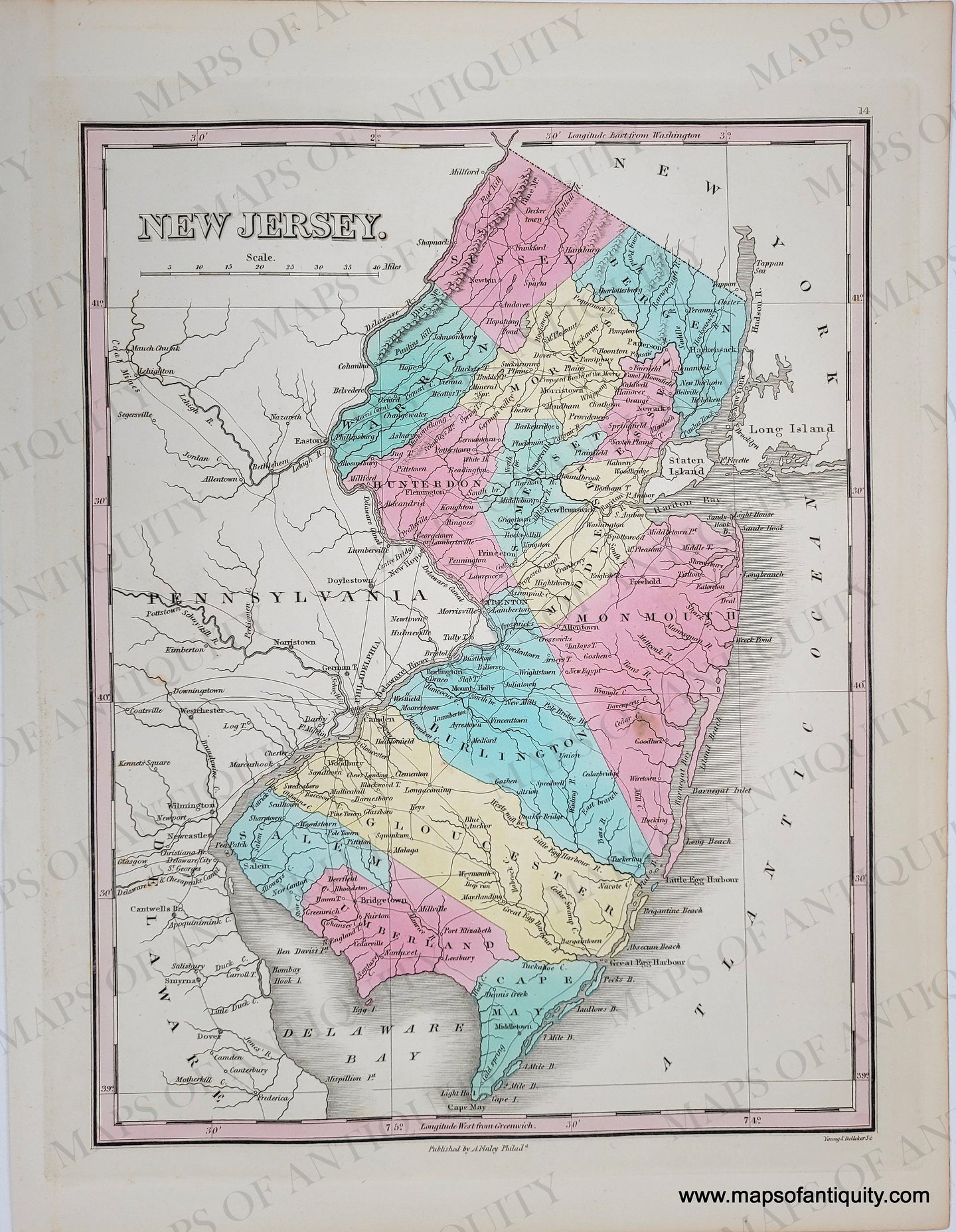 Antique-Hand-Colored-Map-New-Jersey.-**********-United-States-United-States-1829-Anthony-Finley-Maps-Of-Antiquity