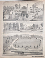 Collection of black and white illustrations showing various buildings and landscapes.