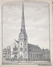 Load image into Gallery viewer, Black and white illustration of a large church with a tall spire.

