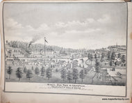 Antique black and white print of a town layout with buildings and trees, labeled 'Bird's Eye View of Groveville'.