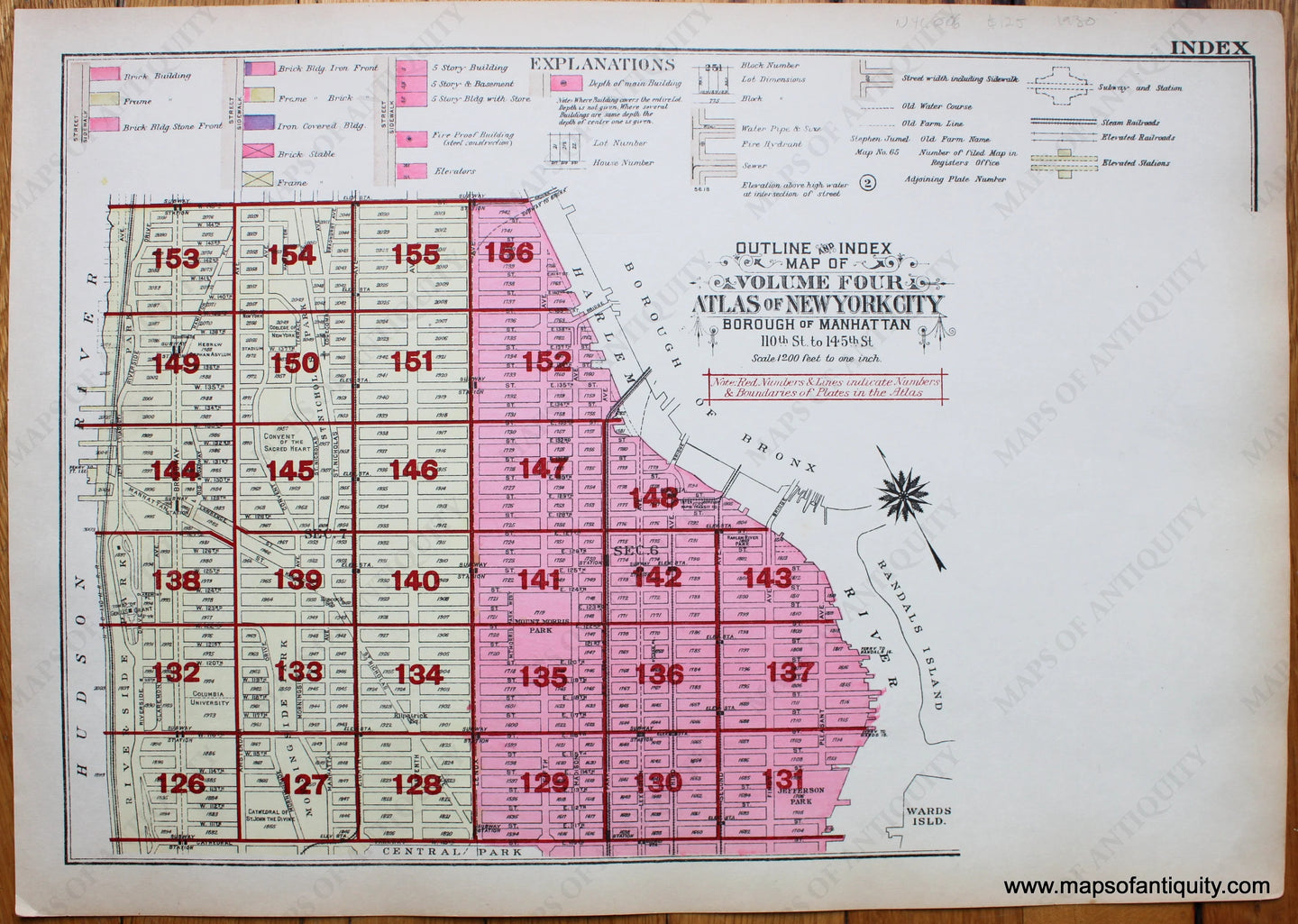 Antique-Printed-Color-Map-Outline-and-Index-Map-of-Volume-Four-Atlas-of-New-York-City-Borough-of-Manhattan-110th-Street-to-145th-Street-United-States-Northeast-1930-Bromley-Maps-Of-Antiquity-1900s-20th-century