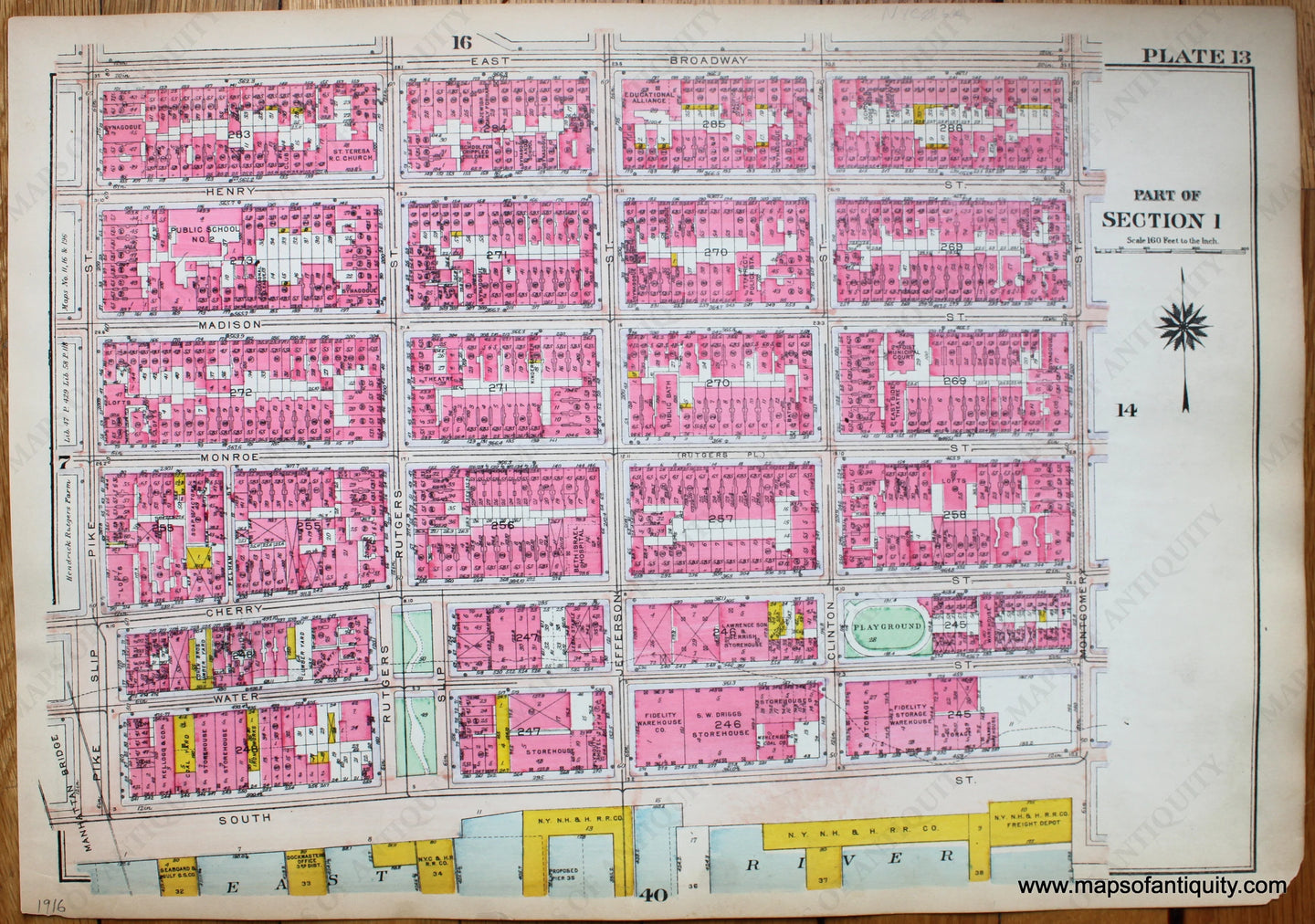 Antique-Printed-Color-Map-Plate-13---Part-of-Section-1-United-States-Northeast-1916-Bromley-Maps-Of-Antiquity-1900s-20th-century