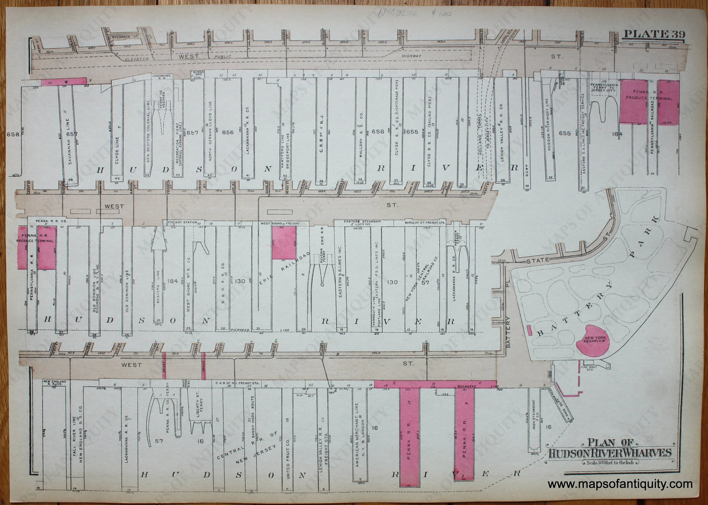 Antique-Printed-Color-Map-Plate-39---Plan-of-Hudson-River-Wharves-United-States-Northeast-1930-Bromley-Maps-Of-Antiquity-1900s-20th-century