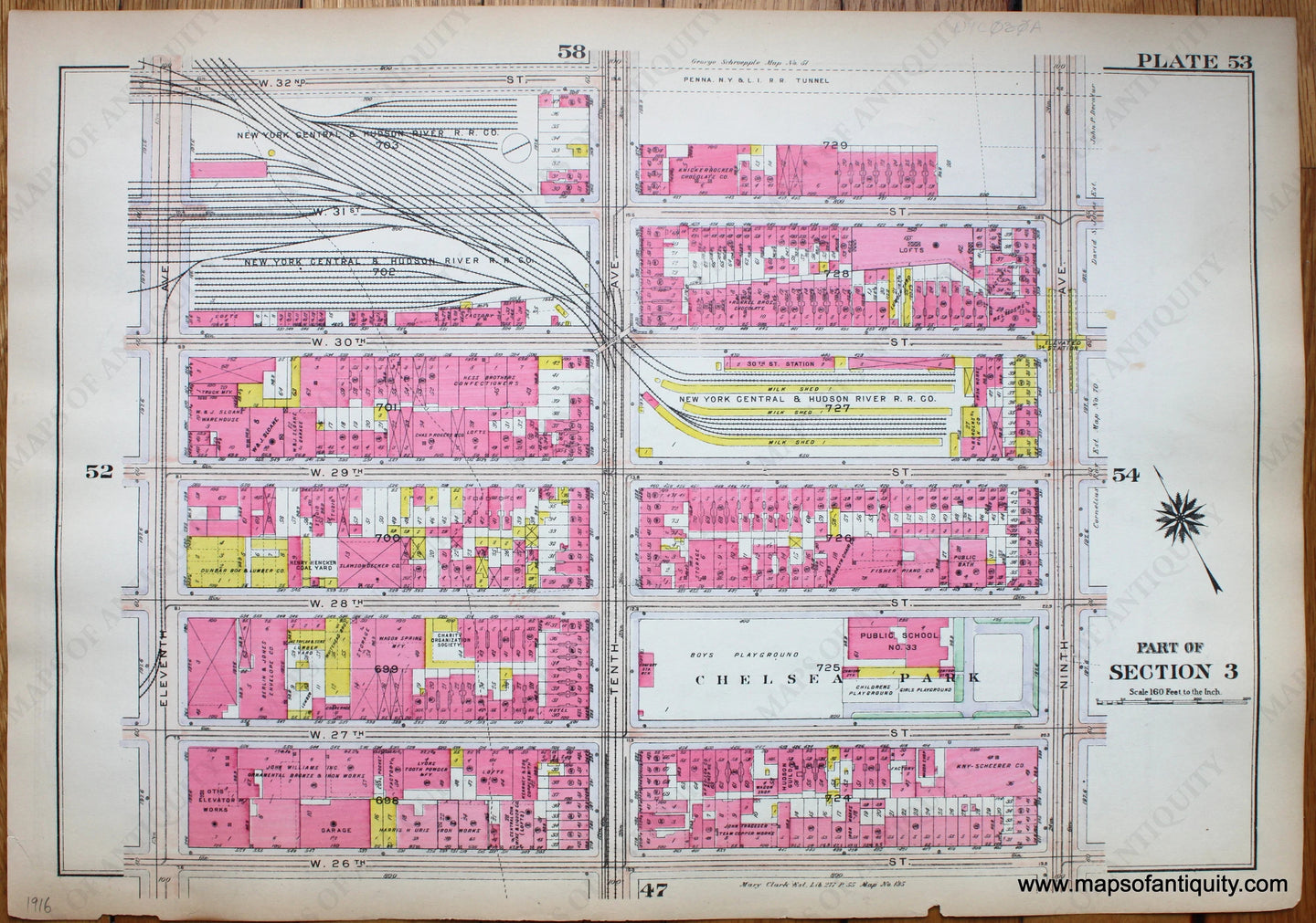 Antique-Printed-Color-Map-Plate-53---Part-of-Section-3-United-States-Northeast-1916-Bromley-Maps-Of-Antiquity-1900s-20th-century