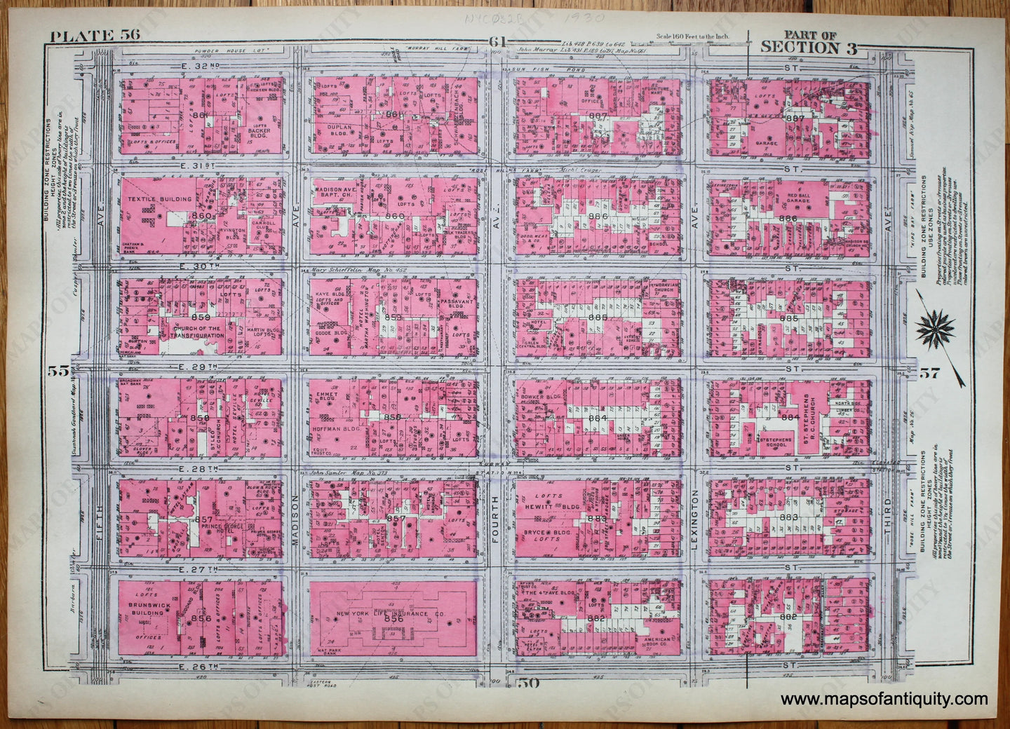 Antique-Printed-Color-Map-Plate-56---Part-of-Section-3-United-States-Northeast-1930-Bromley-Maps-Of-Antiquity-1900s-20th-century