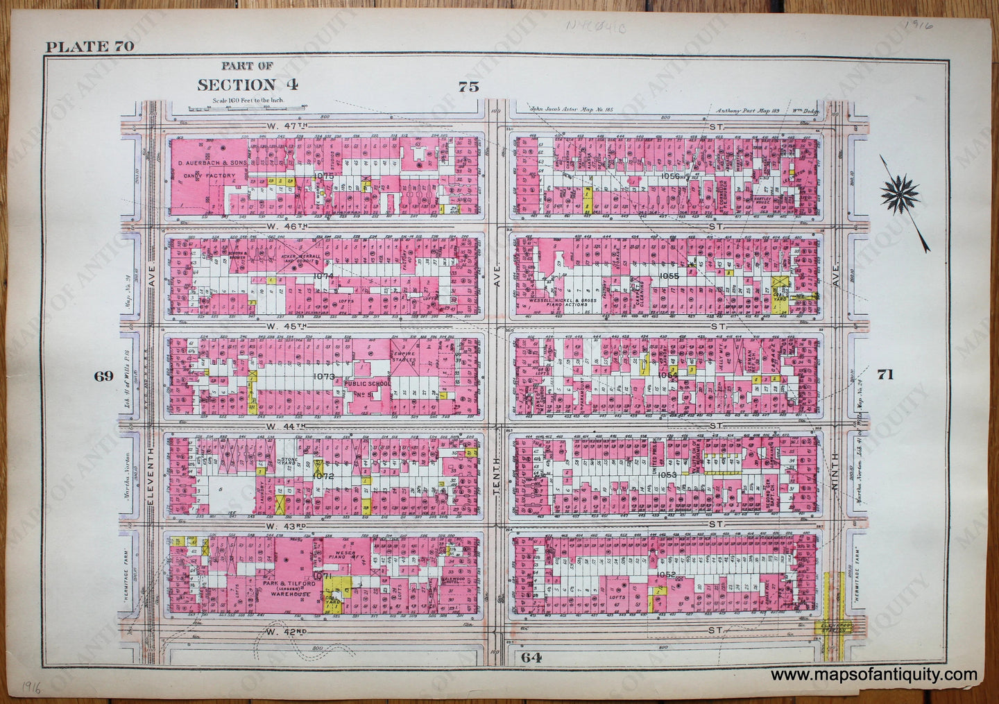 Antique-Printed-Color-Map-Plate-70---Part-of-Section-4-United-States-Northeast-1916-Bromley-Maps-Of-Antiquity-1900s-20th-century