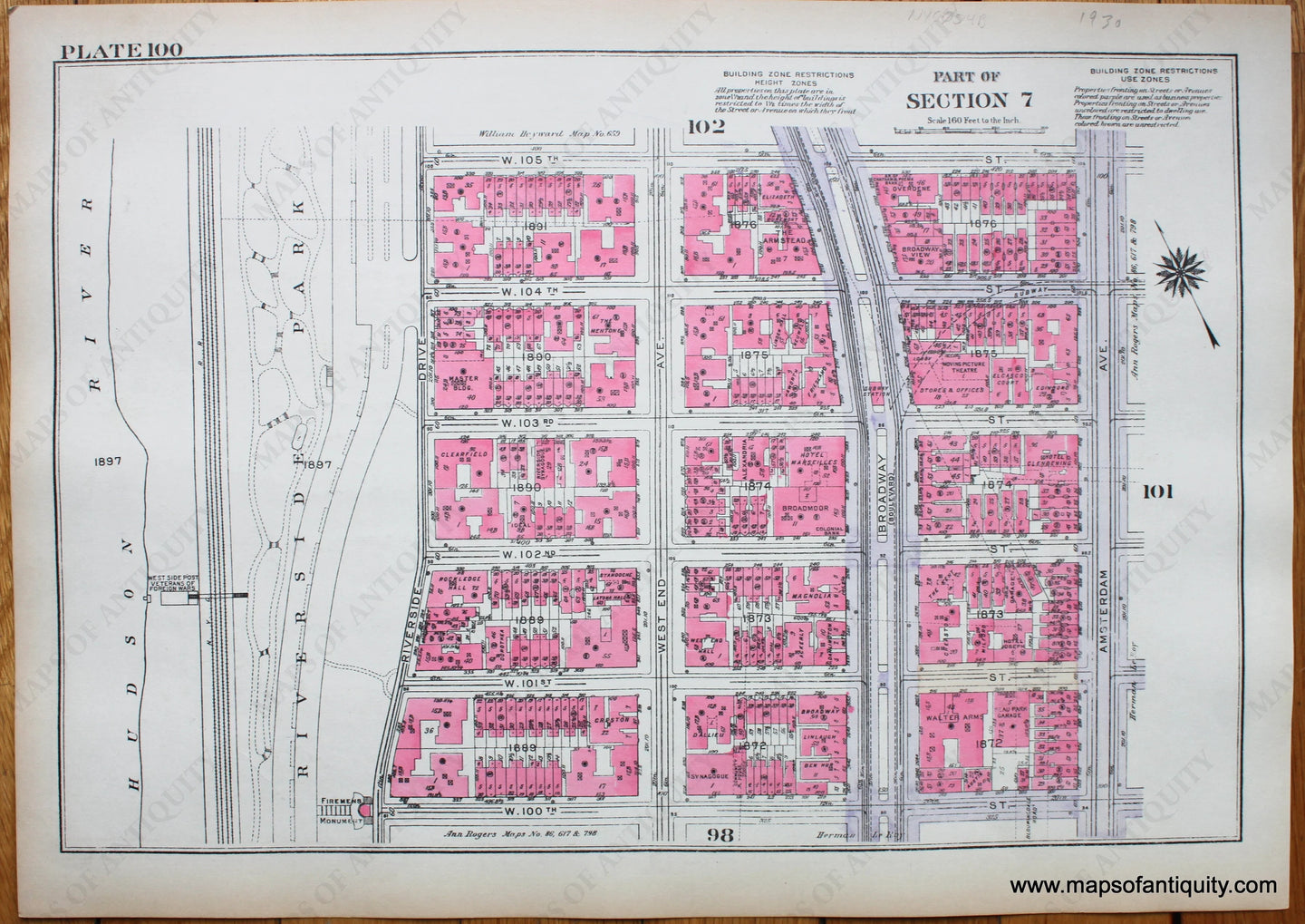 Antique-Printed-Color-Map-Plate-100---Part-of-Section-7-United-States-Northeast-1930-Bromley-Maps-Of-Antiquity-1900s-20th-century