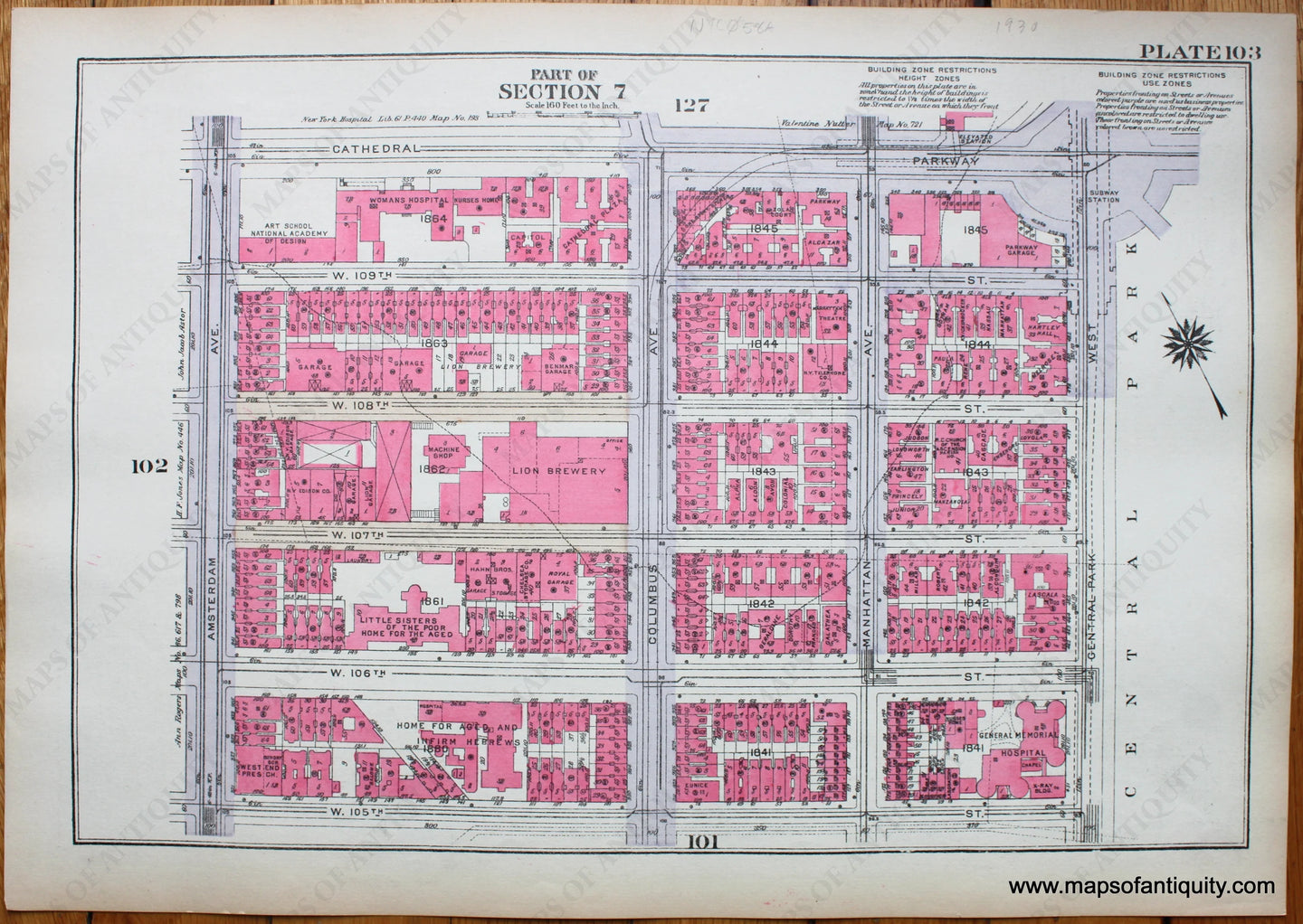 Antique-Printed-Color-Map-Plate-103---Part-of-Section-7-United-States-Northeast-1930-Bromley-Maps-Of-Antiquity-1900s-20th-century