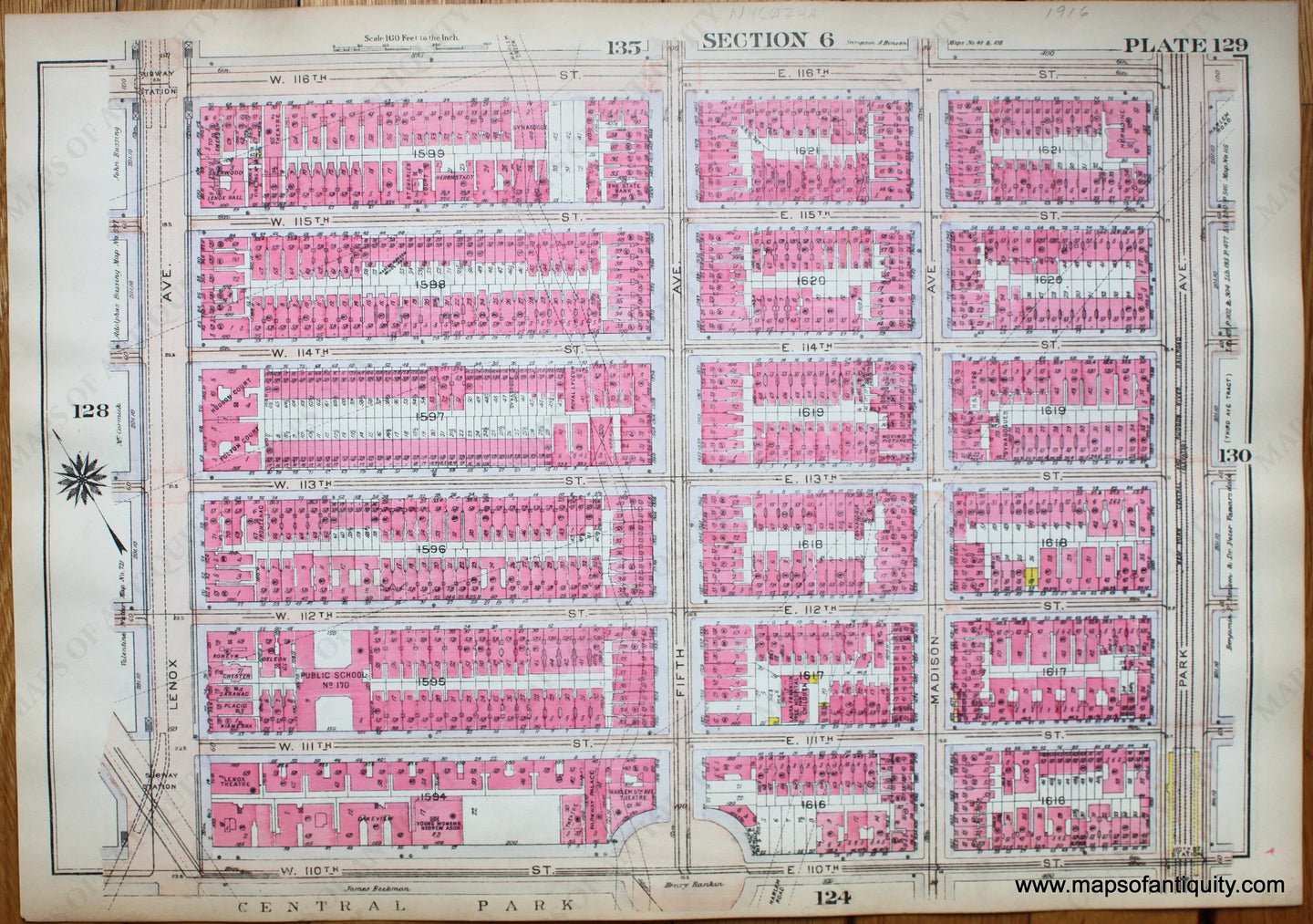 Antique-Printed-Color-Map-Plate-129---Part-of-Section-6-United-States-Northeast-1916-Bromley-Maps-Of-Antiquity-1900s-20th-century