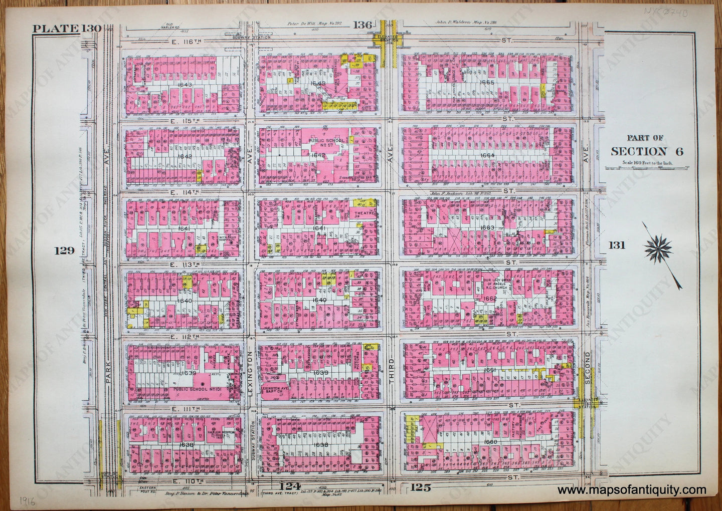 Antique-Printed-Color-Map-Plate-130---Part-of-Section-6-United-States-Northeast-1916-Bromley-Maps-Of-Antiquity-1900s-20th-century