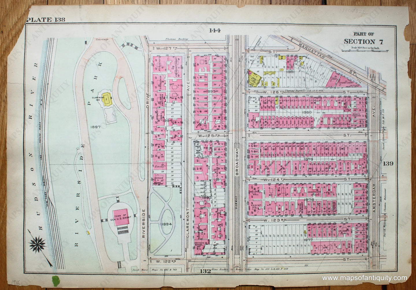 Antique-Printed-Color-Map-Plate-138---Part-of-Section-7-United-States-Northeast-1916-Bromley-Maps-Of-Antiquity-1900s-20th-century