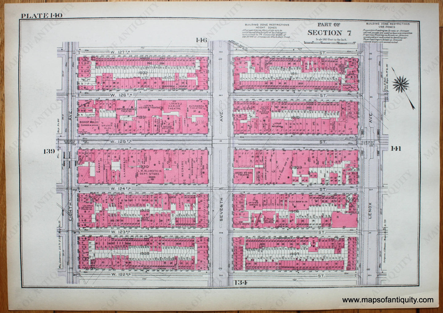 Antique-Printed-Color-Map-Plate-140---Part-of-Section-7-United-States-Northeast-1930-Bromley-Maps-Of-Antiquity-1900s-20th-century