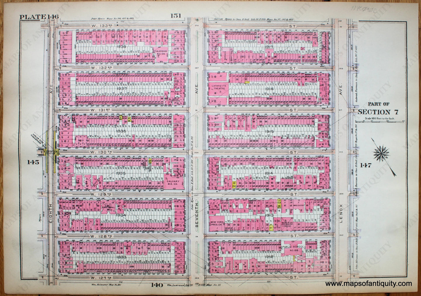 Antique-Printed-Color-Map-Plate-146---Part-of-Section-7-United-States-Northeast-1916-Bromley-Maps-Of-Antiquity-1900s-20th-century