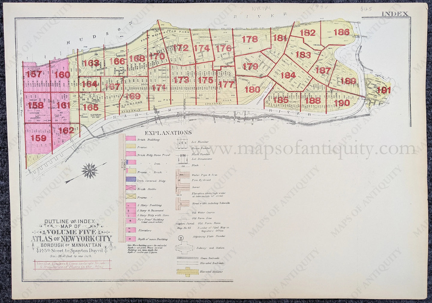 Genuine-Antique-Printed-Color-Map-Index-145th-Street-to-Spuyten-Duyvil-United-States-Northeast-1930-Bromley-Maps-Of-Antiquity-1800s-19th-century