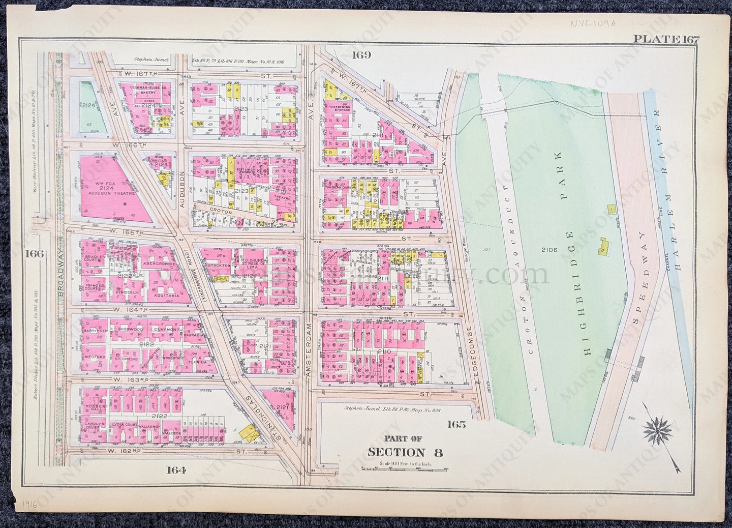 Genuine-Antique-Printed-Color-Map-Plate-167---Part-of-Section-8-United-States-Northeast-1916-Bromley-Maps-Of-Antiquity-1800s-19th-century