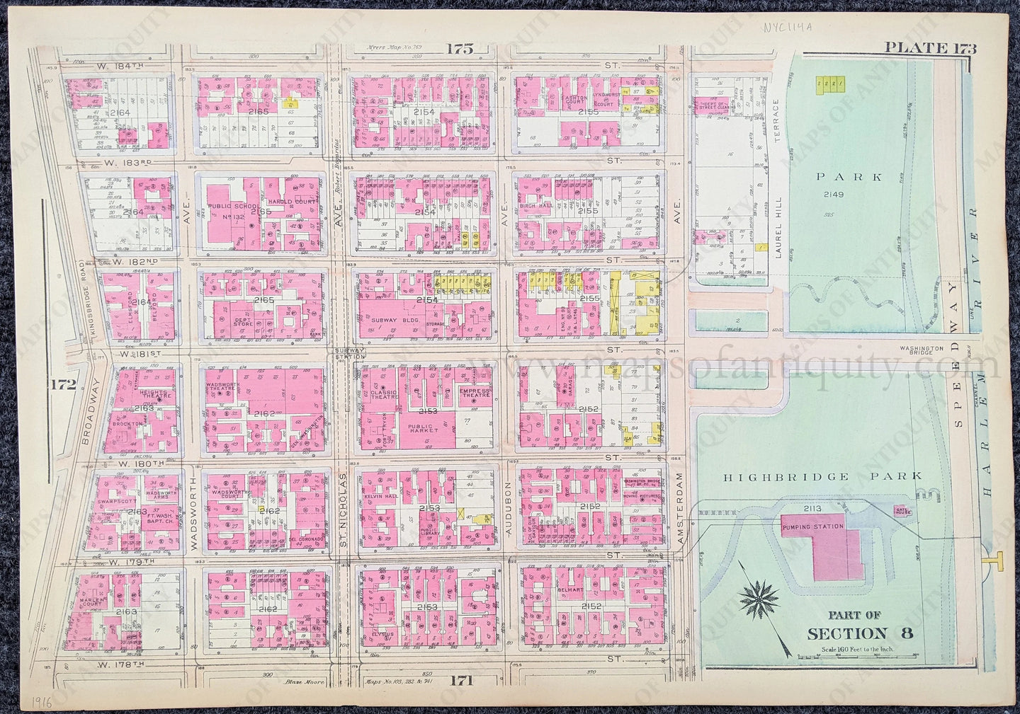 Genuine-Antique-Printed-Color-Map-Plate-173---Part-of-Section-8-United-States-Northeast-1916-Bromley-Maps-Of-Antiquity-1800s-19th-century