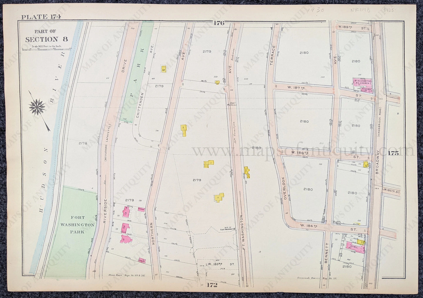 Genuine-Antique-Printed-Color-Map-Plate-174---Part-of-Section-8-United-States-Northeast-1916-Bromley-Maps-Of-Antiquity-1800s-19th-century