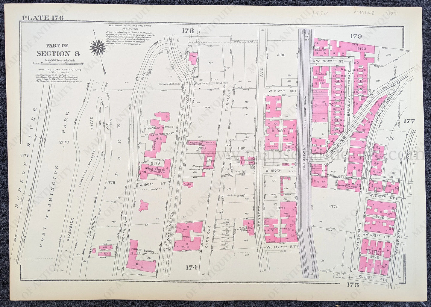 Genuine-Antique-Printed-Color-Map-Plate-176---Part-of-Section-8-United-States-Northeast-1930-Bromley-Maps-Of-Antiquity-1800s-19th-century