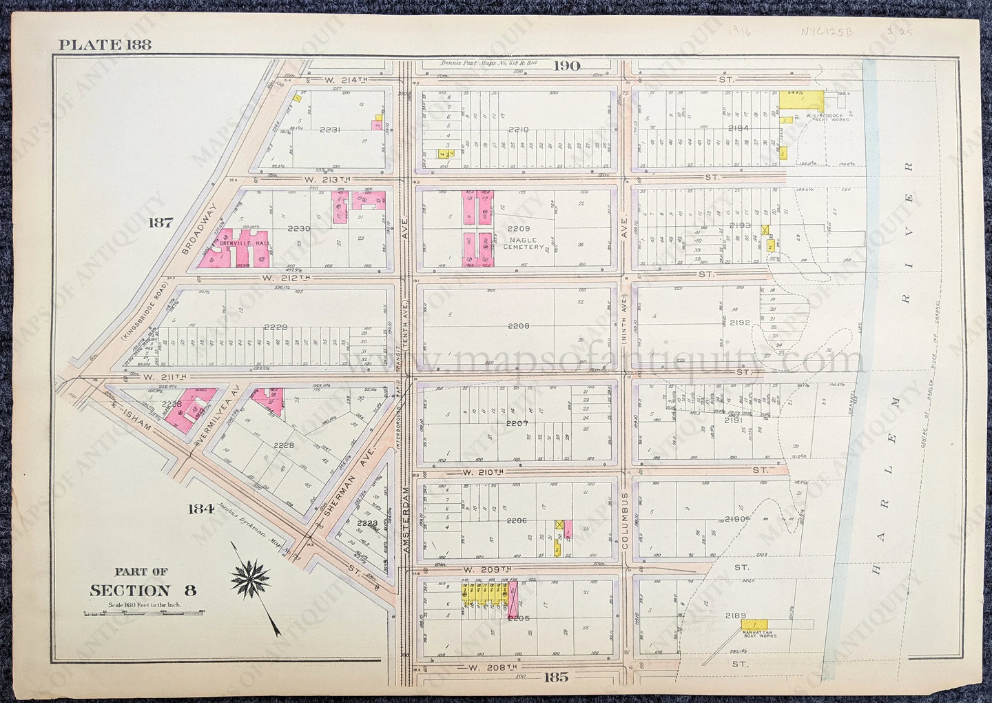 Genuine-Antique-Printed-Color-Map-Plate-188---Part-of-Section-8-United-States-Northeast-1916-Bromley-Maps-Of-Antiquity-1800s-19th-century