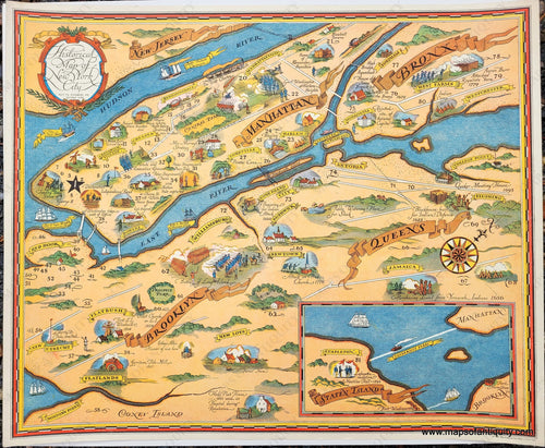 Genuine-Antique-Printed-Color-Pictorial-Map-Historical-Map-of-New-York-City-1932-The-National-City-Bank-of-New-York-Maps-Of-Antiquity