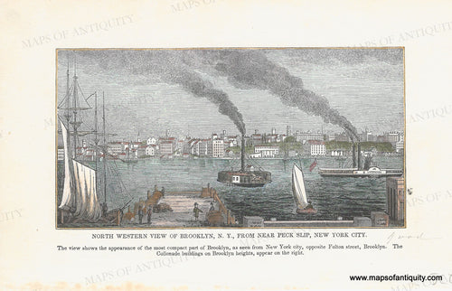 Antique illustration of a harbor scene with ships and smokestacks, labeled 'North Western View of Brooklyn, N. Y. Handsome coloring with blue water, green trees, red roofs, brown docks.