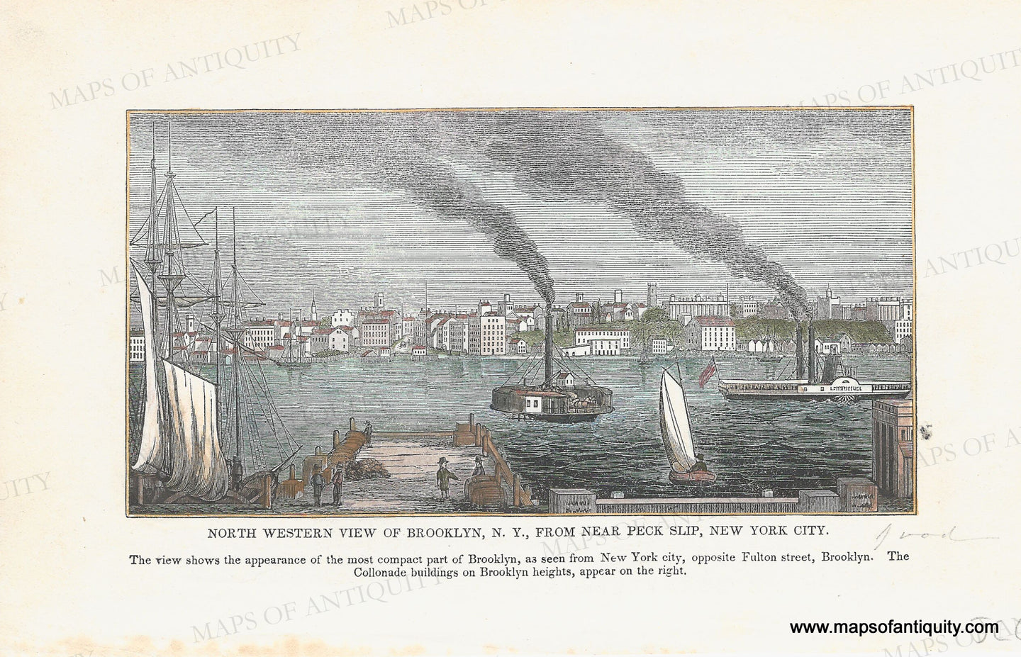 Antique illustration of a harbor scene with ships and smokestacks, labeled 'North Western View of Brooklyn, N. Y. Handsome coloring with blue water, green trees, red roofs, brown docks.