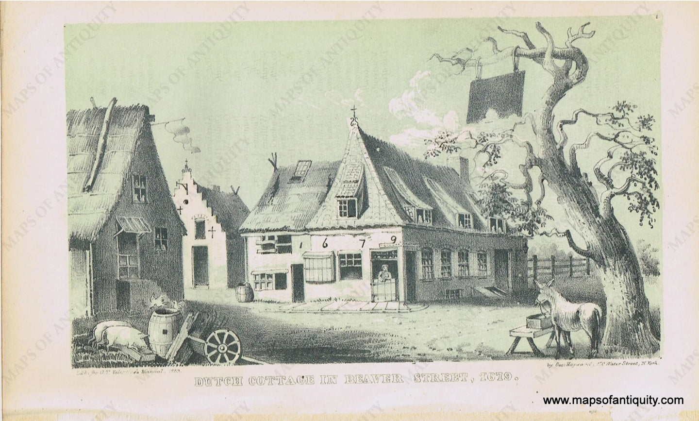 Genuine-Antique-Print-Dutch-Cottage-in-Beaver-Street-1679--1853-Valentines-Manual-Maps-Of-Antiquity