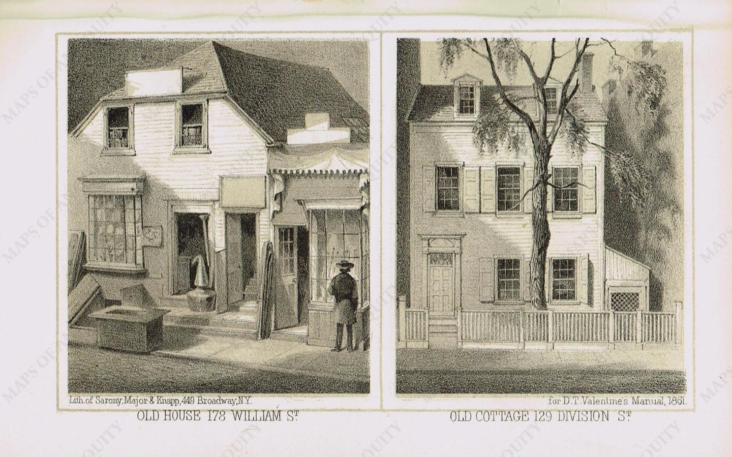 Genuine-Antique-Print-Old-House-178-William-St--Old-Cottage-129-Division-St--1861-Valentines-Manual-Maps-Of-Antiquity