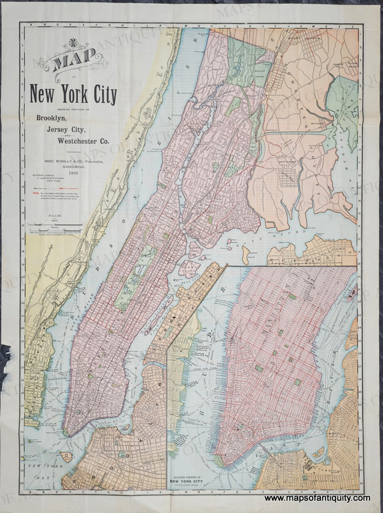 1895 Guide Map of New York City - NYC303 Antique Map NYC New York City Brooklyn Jersey City Westchester Co County Business Portion On Enlarged Scale Rand McNally 1895 1800s 1800x1800@2x 