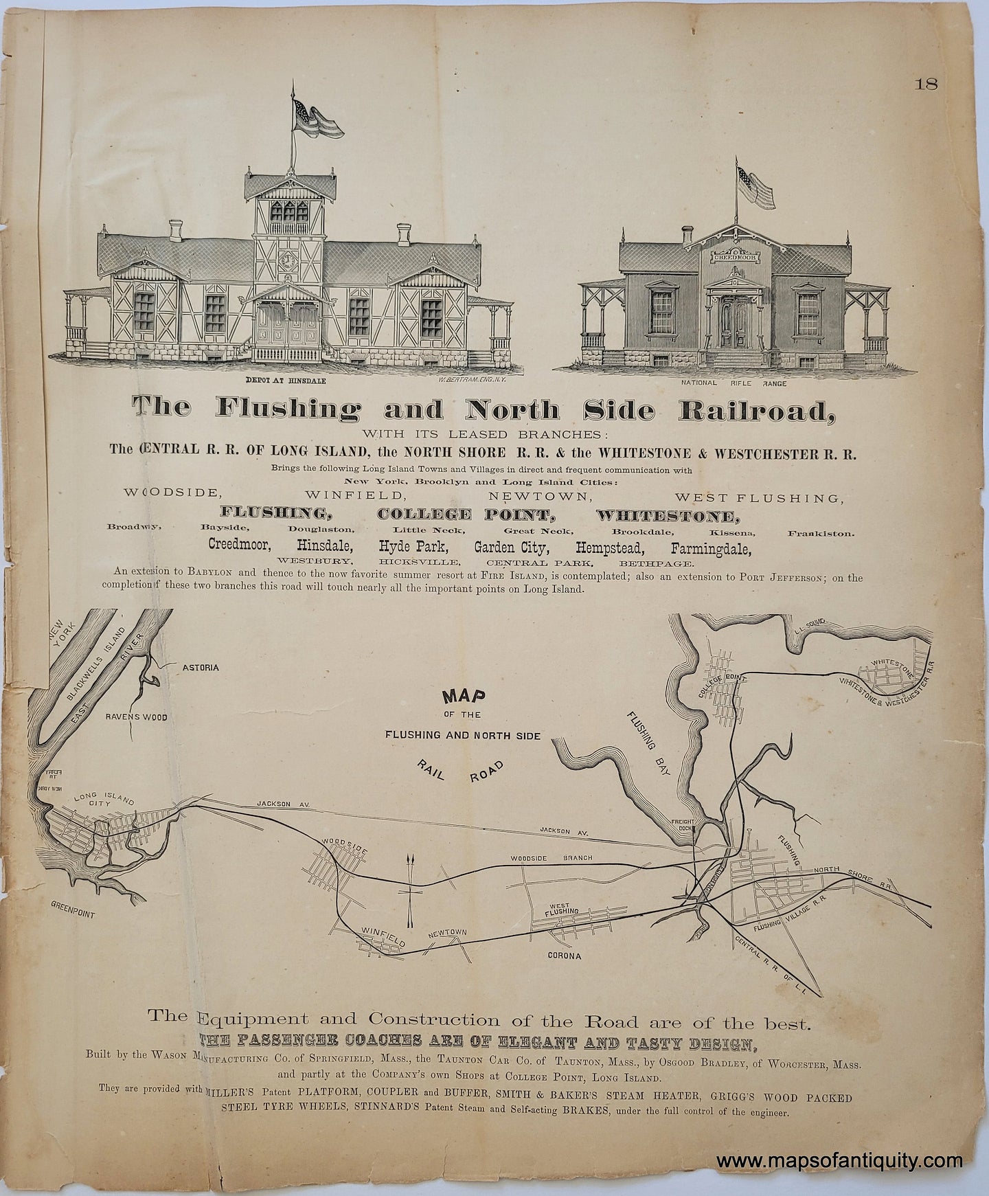 1873 - Map of The Flushing and North Side Rail Road - Antique Map