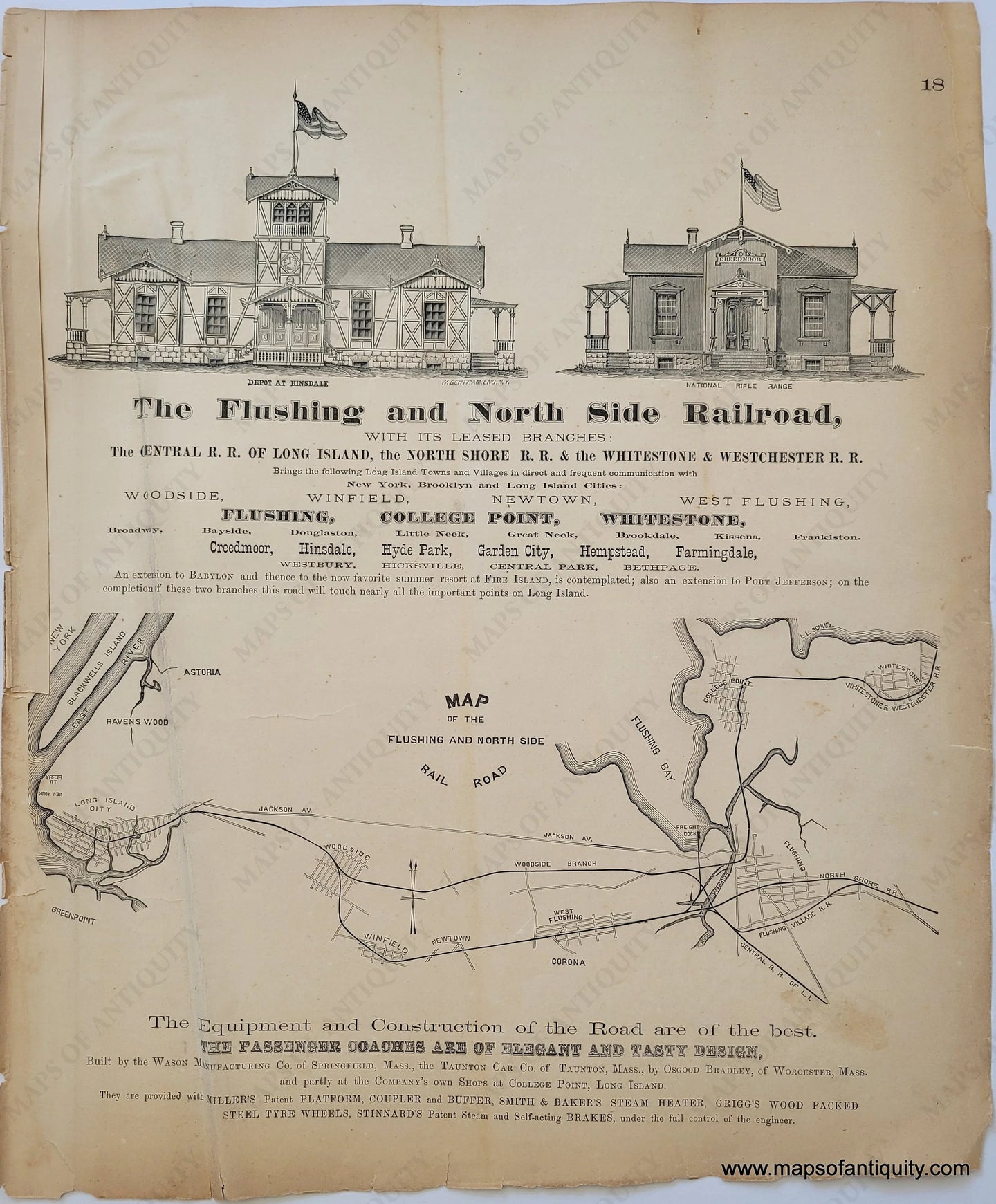 1873 - Map Of The Flushing And North Side Rail Road Antique Genuine Hand-Colored