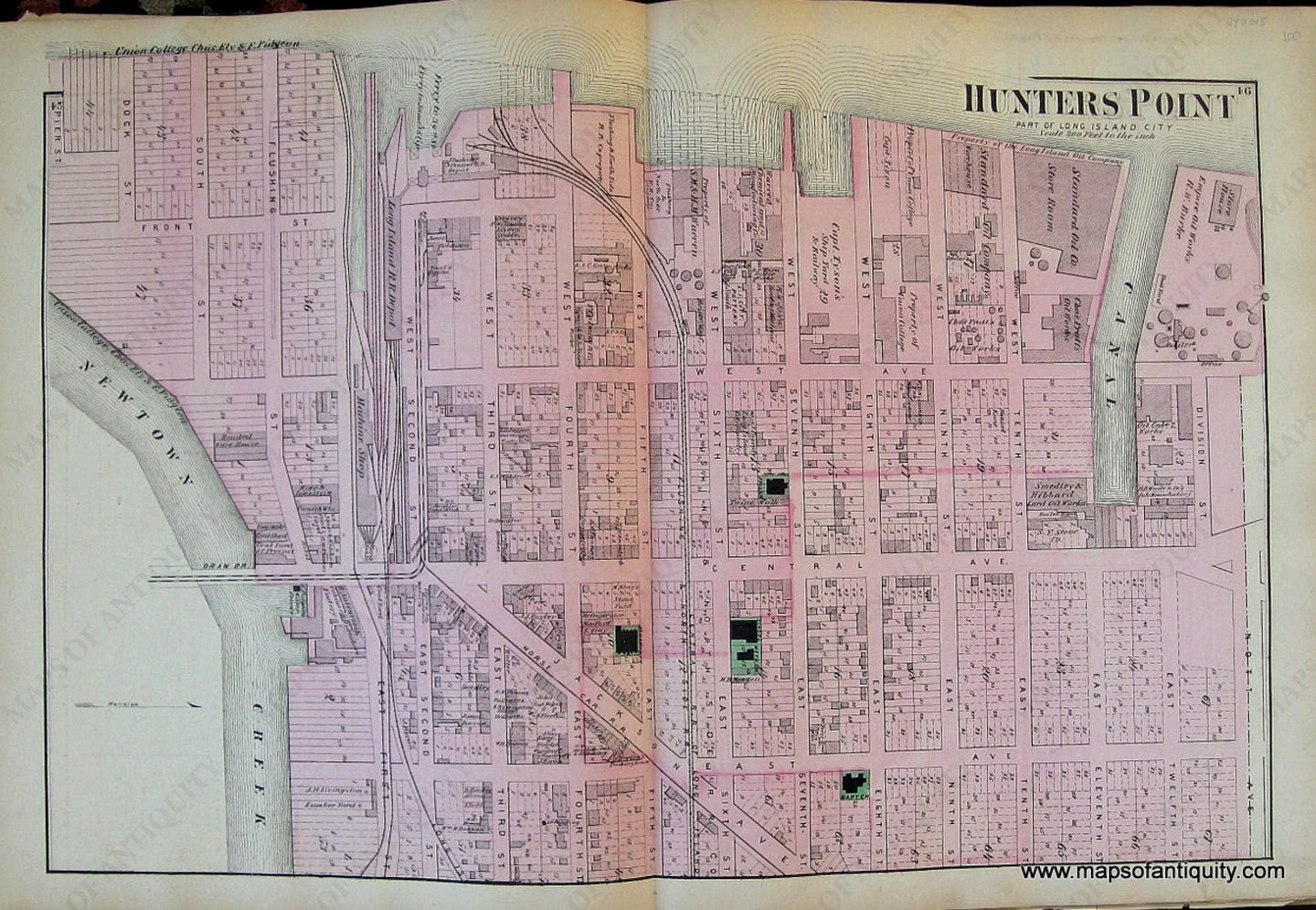 Antique-Hand-Colored-Map-Hunters-Point-New-York-verso-Part-of-Astoria-Middle-Village-and-Winfield-United-States-Northeast-1873-Beers-Maps-Of-Antiquity