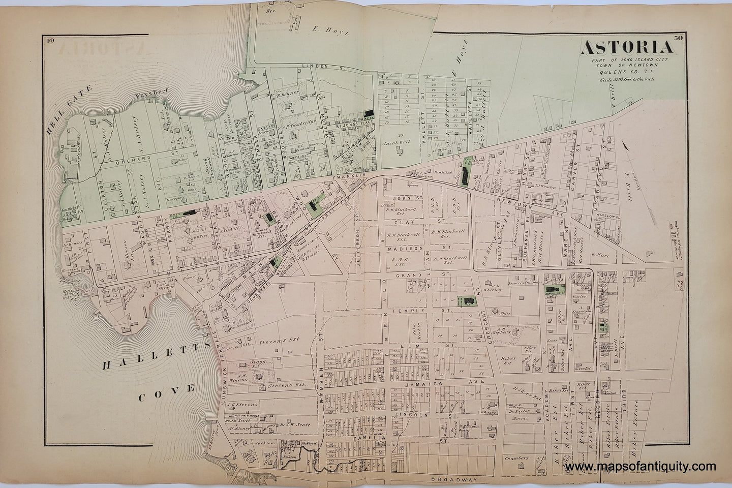 1873 - Astoria, New York, verso Woodside, Maspeth, East Williamsburg, Newtown - Antique Map