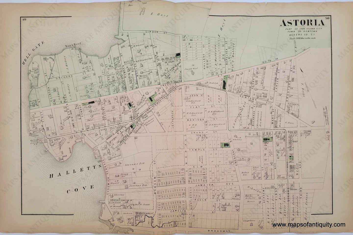 1873 - Astoria New York Verso Woodside Maspeth East Williamsburg Newtown Antique Map Genuine