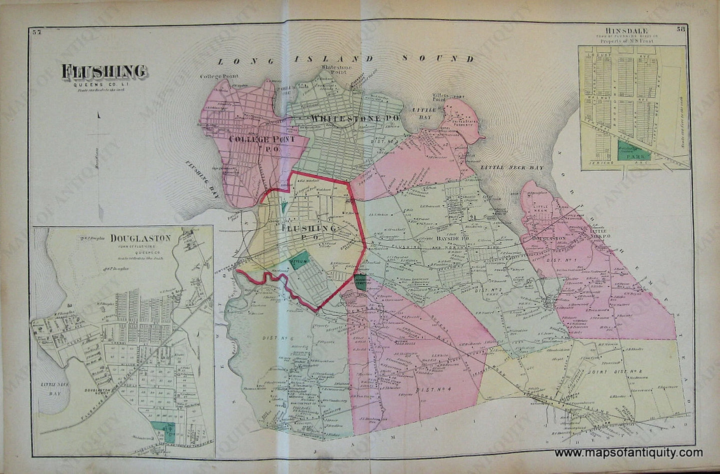 Antique-Hand-Colored-Map-Flushing-New-York-with-insets-of-Hinsdale-and-Douglaston-United-States-United-States-1873-Beers-Maps-Of-Antiquity