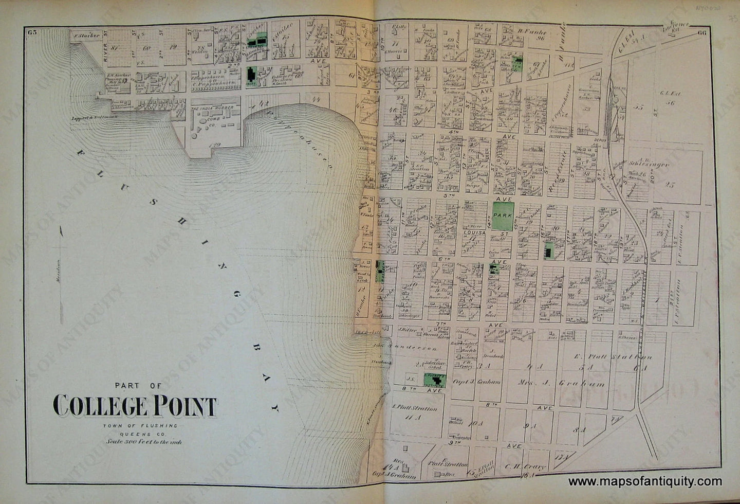 Antique-Hand-Colored-Map-Part-of-College-Point-New-York-United-States-Northeast-1873-Beers-Maps-Of-Antiquity