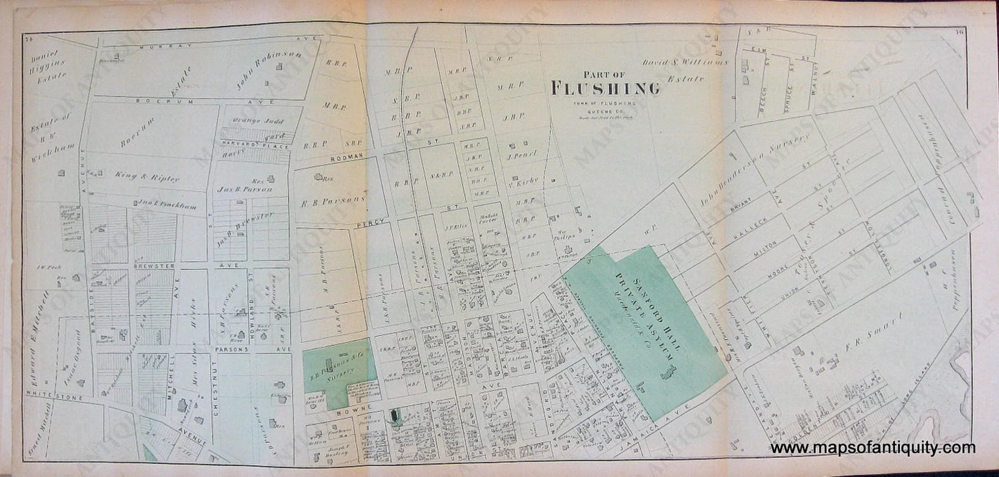 Antique-Hand-Colored-Map-Part-of-Flushing-New-York-United-States-Northeast-1873-Beers-Maps-Of-Antiquity