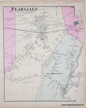 Load image into Gallery viewer, Antique map of Pearsalls, New York with labeled streets and boundaries. with original color in pink, yellow, green.
