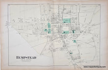 Load image into Gallery viewer, Antique map of Hempstead, New York with labeled streets and boundaries. with original color in pink, yellow, green.
