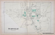 Antique map of Hempstead, New York with labeled streets and boundaries. with original color in pink, yellow, green.