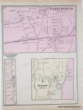 Load image into Gallery viewer, Antique map of Valley Stream, New York with inset of Jericho Village and Seaford. with original color in pink, yellow, green.
