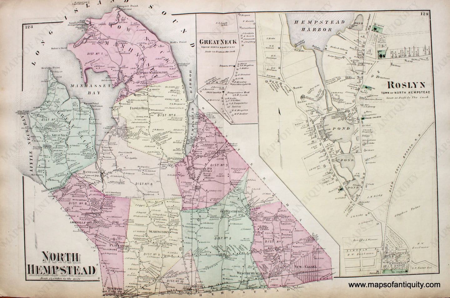 Antique-Hand-Colored-Map-North-Hempstead-verso-Port-Washington-Manhasset-Mineola-(NY)-******-United-States-Northeast-1873-Beers-Maps-Of-Antiquity